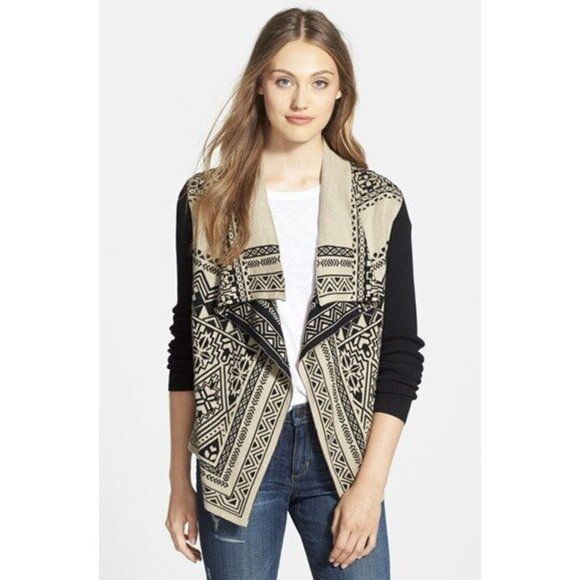 Lucky Brand Women Black / Beige Waterfall Wrap Open Cardigan Sweater Size Large - Picture 1 of 13